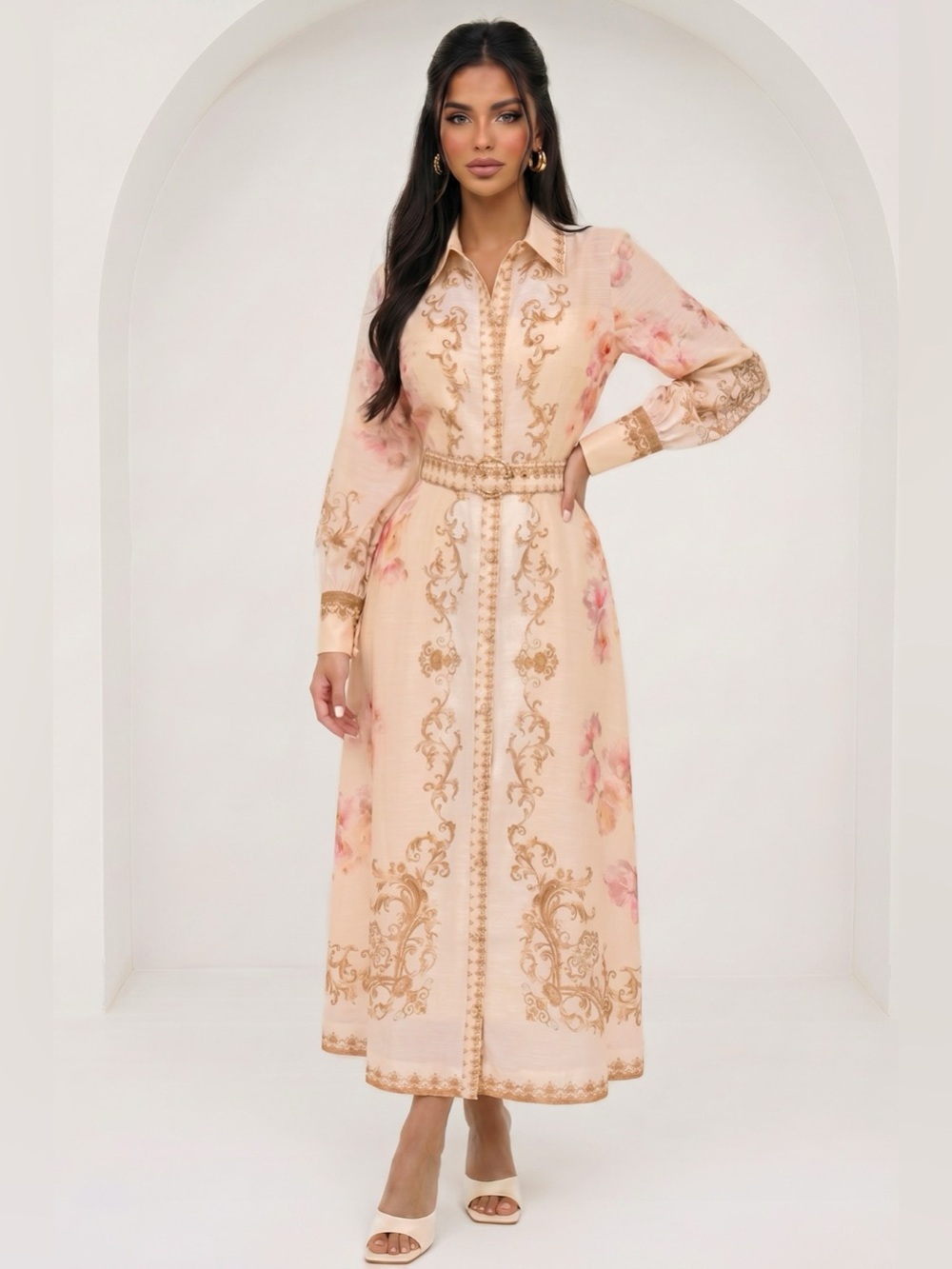 Maxi Belter Dress in Blush Floral with Gold Baroque Print